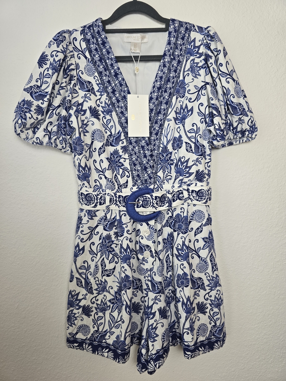 Caroline Constas White and Blue Floral Button-Front Rompers